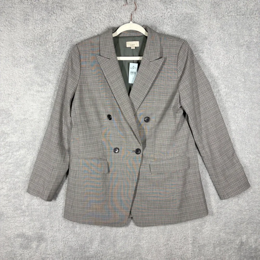 NEW LOFT Versa Plaid Seasonless‎ Stretch Double Breasted Blaze Sz 12 Petite Gray - Picture 2 of 10